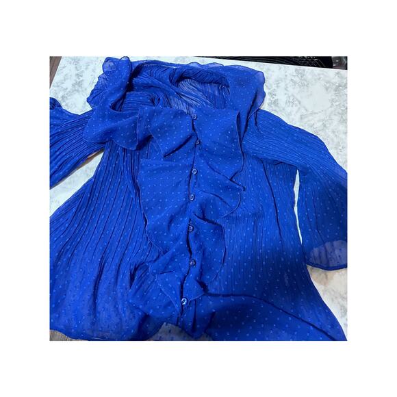 Women's Whimsygoth Royal Blue Flowy Blouse Sheer L Button Front Flounce Chiffon - Picture 5 of 7